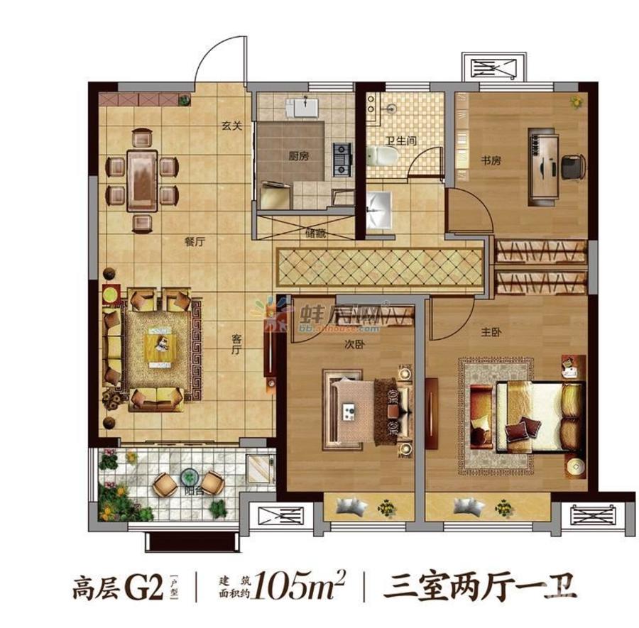 固镇华地公馆3室2厅1卫105㎡户型图